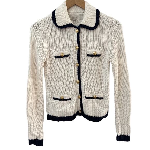 Loft Petite Tipped Ribbed Button Up Sweater Cardigan White Size Small - Picture 4 of 11